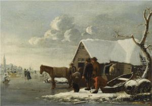 A Winter Landscape With Figures And Horses Near A Barn, Skaters On A Frozen Lake, A Church Beyond by Hendrick Dubbels