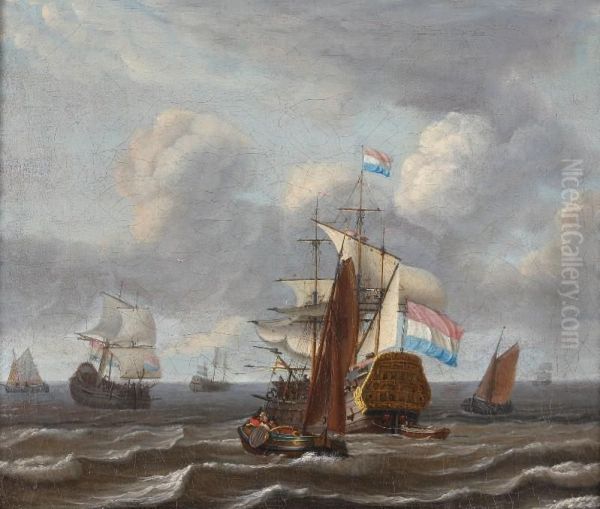 Seascape In Stormyweather With A Dutch Man-of-war And Small Freightships Under Aheavily Clouded Sky - view 1