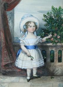 A Young Child On A Balcony Holding A Garland Of Flowers