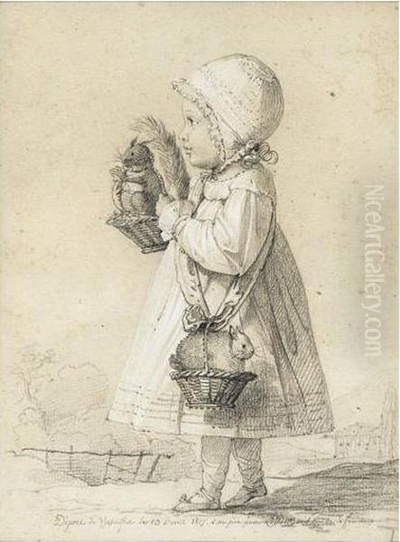 Petite Fille De Profil Avec Son Ecureuil Et Son Lapin - view 1