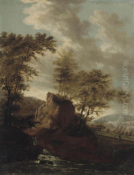 A Rocky River Landscape With Travellers On A Track - view 1