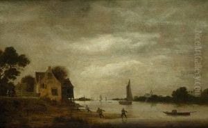 Niederlandische Fluslandschaft Mit Netzfischern.