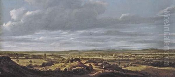 An Extensive Landscape With Huntsmen Resting On A Path, A Town Beyond - view 1