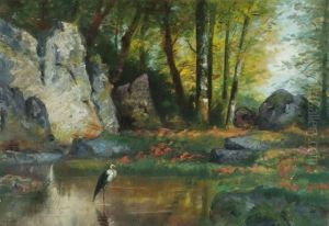 Paysage A La Riviere Anime D'unecigogne by Louis Dubois