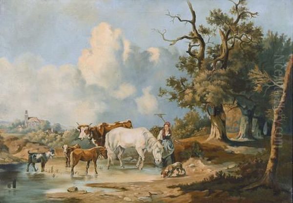 Sommerliche Landschaft Mit Bauerin Und Tieren - view 1