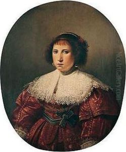 Portrait Of A Lady, Half Length, Wearing A Burgundy Dress With A Lace Collar