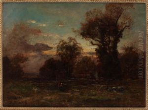 Skogslandskap Med Figur I Solnedgang by Alexandre Dubouchet