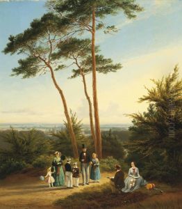 The Artist Painting His Family In A Wooded Landscape by Pierre Louis Dubourcq