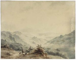 A Seated Woman Conversing With A Huntsman On A Road In The Ahrvalley, Germany, Two Dogs Nearby by Pierre Louis Dubourcq