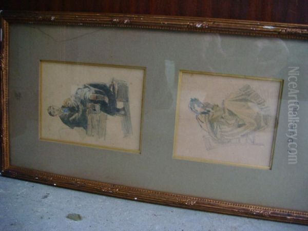 Esquisses De Femmes Deux Dessins Aquarelles - view 1