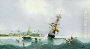 Pair Of Works: Ships On Lake Geneva And Ship In A Storm by Cheri Francois Dubreuil