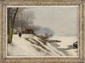 Winterliche Fluslandschaft Mit Ausflugslokal.