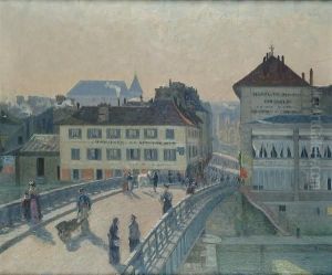 Figures On A Bridge In A Continental Town by Albert-Lucien Dubuisson