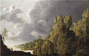 An Extensive Rocky Landscape With Figures On A Path In Theforeground by Mathieu Dubus