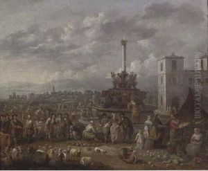 Vegetable Vendors By A Fountain And Other Figures And Cattle On A Market Square In An Italianate Town