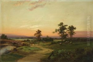 Sunset Landscape With Country Road, Figures And Sheep by Jack Ducker