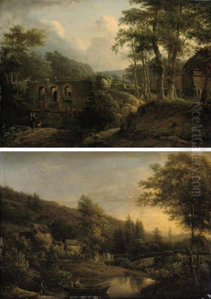A River Landscape With Figures Before A Bridge; - view 1