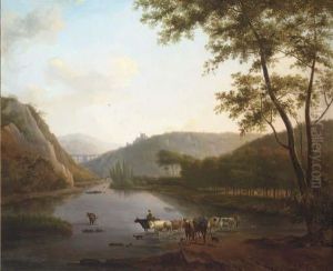 A Wooded River Landscape, With Cattle Watering, A Viaduct And Townbeyond by Joseph Julien