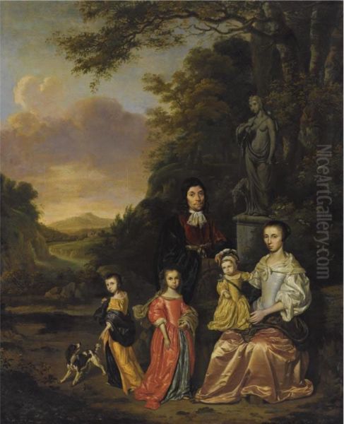A Portrait Of A Gentleman And His Wife And Their Three Children,possibly The Loth Family, Near A Statue Of Diana The Huntress, In Aclassical Landscape - view 1
