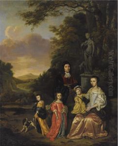 A Portrait Of A Gentleman And His Wife And Their Three Children,possibly The Loth Family, Near A Statue Of Diana The Huntress, In Aclassical Landscape by Jan, Johan Ducq