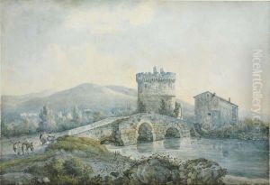 A View Of The Ponte Lucano With A Group Of Shepherds Approaching,the Tomb Of The Plautia Family by Abraham Louis R. Ducros