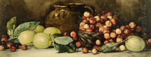 Still Life Of A Basket Of Cherries And Apples And Another Of Paper-wrapped Oranges by Arthur Dudley