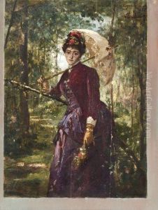 Portrait D'elegante A La Robe Prune Dans Un Sous-bois by Ernest Ange Duez