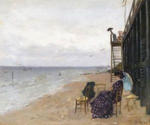 Beach Scene With An Elegant Lady Seated By Stairs