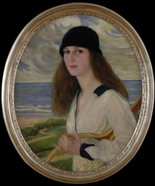 Portrait Of A Woman With Tennis Racket - view 1