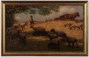 Pastoral Landscape,
Sheep And Farmer Plowing Field by John Robert Keitley Duff