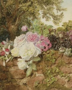 Roses, Fuschia, Poppies And Hollyhocks On A Brick Wall by Mary Elizabeth Duffield