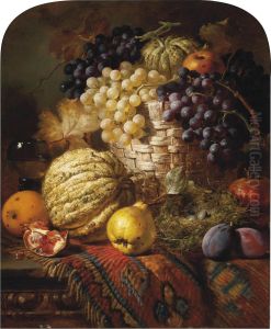 Fruit, A Roemer, A Wicker Basket And Bird's Nest On A Wooden Table by William Duffield
