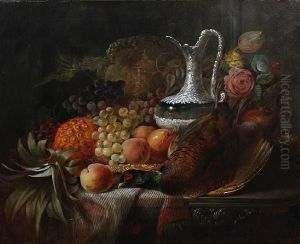 Grapes, Apples, Peaches, Roses, A Silver Ewer And A Pheasant On A Table by William Duffield