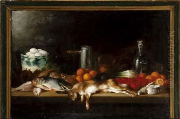 Bodegon Con Cuenco De Ceramica Con Huevos, Peces, Conejos, Chocolatera De Estano, Botella Y Vaso De Cristal, Tomates Y Naranjas - view 1