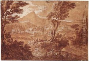 Klassische Landschaft Mit Blick Auf Eine Italienische Stadt by Gaspard Dughet