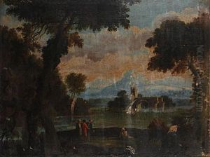 Figures Conversing In An Italianate Landscape by Gaspard Dughet