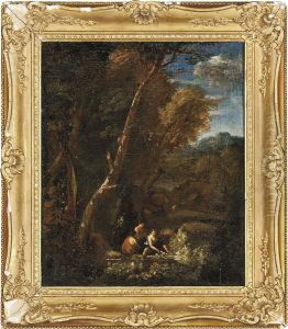 A Wooded Landscape With Classical Figures by Gaspard Dughet