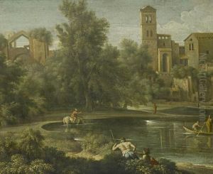 Figures By A Lake In An Italianate Landscape, With A Horseman And A Boat In The Distance And A Village On The Horizon by Gaspard Dughet