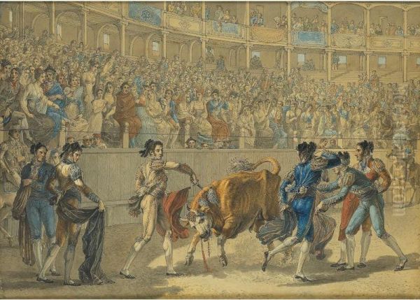 Puntillero Donnant Le Coup De Grace A Un Taureau Dans Les Arenes Royales De Madrid [ ; Puntillero Giving A Death-blow To A Bull In The Royal Arenas Of Madrid ; Pen And Black Ink, Watercolour] - view 1