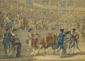 Puntillero Donnant Le Coup De Grace A Un Taureau Dans Les Arenes Royales De Madrid [ ; Puntillero Giving A Death-blow To A Bull In The Royal Arenas Of Madrid ; Pen And Black Ink, Watercolour] by Jean-Demosthene Dugourc