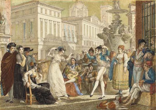 The Plaza De La Provincia, Madrid, With A Crowd Watching An Elegantcouple Dance, A Fountain Emblazoned With The Royal Arms Of Spainand The Dome Of The Church Of San Isidro Seen Beyond - view 1