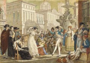 The Plaza De La Provincia, Madrid, With A Crowd Watching An Elegantcouple Dance, A Fountain Emblazoned With The Royal Arms Of Spainand The Dome Of The Church Of San Isidro Seen Beyond