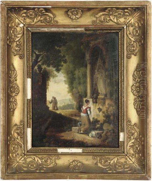 A Lady Praying Before A Shrine, A Monk In An Extensive Landscape Beyond - view 1