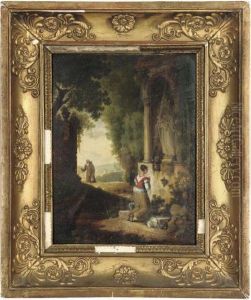 A Lady Praying Before A Shrine, A Monk In An Extensive Landscape Beyond by Jacques Joseph Duhen
