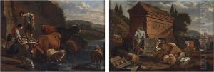 Country Folk And Livestock Along A River