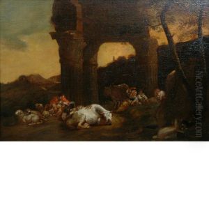 Country Folk Resting Beside Roman Ruins