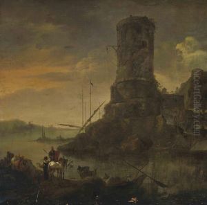 An Italianate River Landscape With Travellers On A Bank