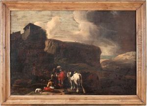Paesaggio Roccioso Con Sosta Di Cavalieri