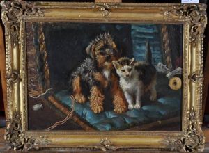 Terrier Puppy And Cat Sitting On A Cushion by Alfred Duke