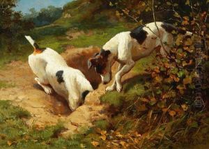 Fox Terriers Chasing A Rabbit; Gone Toearth by Alfred Duke